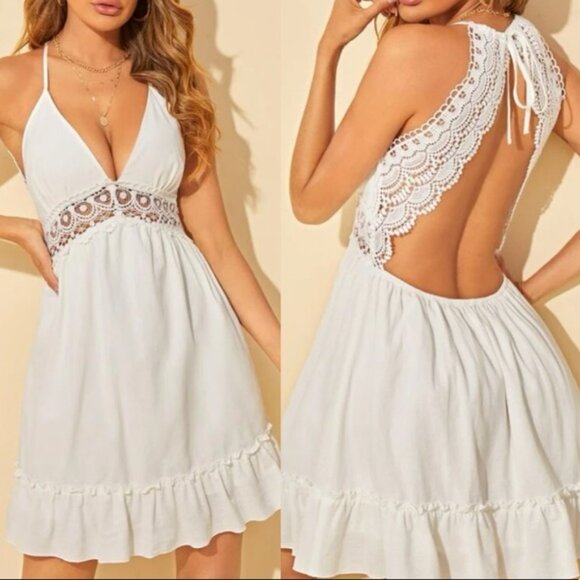 Boho white lace insert open back dress - Picture 1 of 6